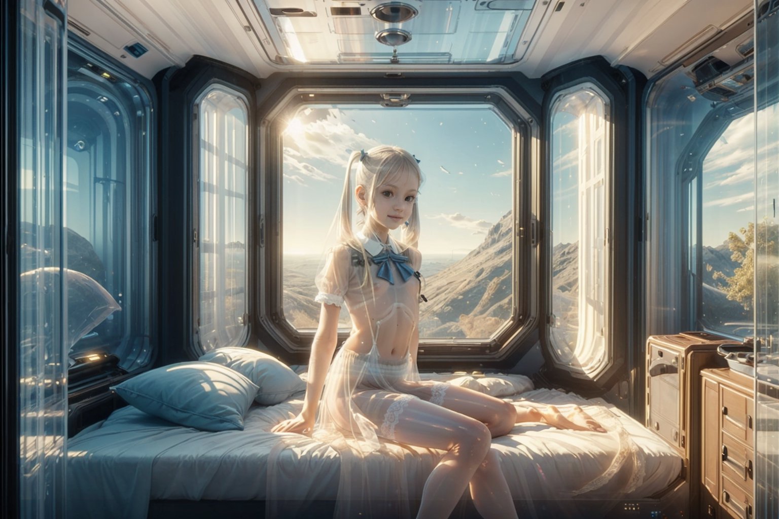 A beautiful young underage girl,  short messy blonde hair, ((translucent hologram)) wearing sexy schoolgirl uniform,  sitting on the windowsill with natural stance at the Futuristic room,  science fiction,  inside a spaceship,  view of alien lanscape outside,  sunny,  photorealistic,  masterpiece,  cinematic,  best quality,  high resolution,  AIDA_LoRA_valenss,  fullbody,  child,  smiling,  nsfw,  bedroom,  plaid,  upskirt,  lace panties, nudity, pigtails, HologramCzar, translucent body,HologramCzar