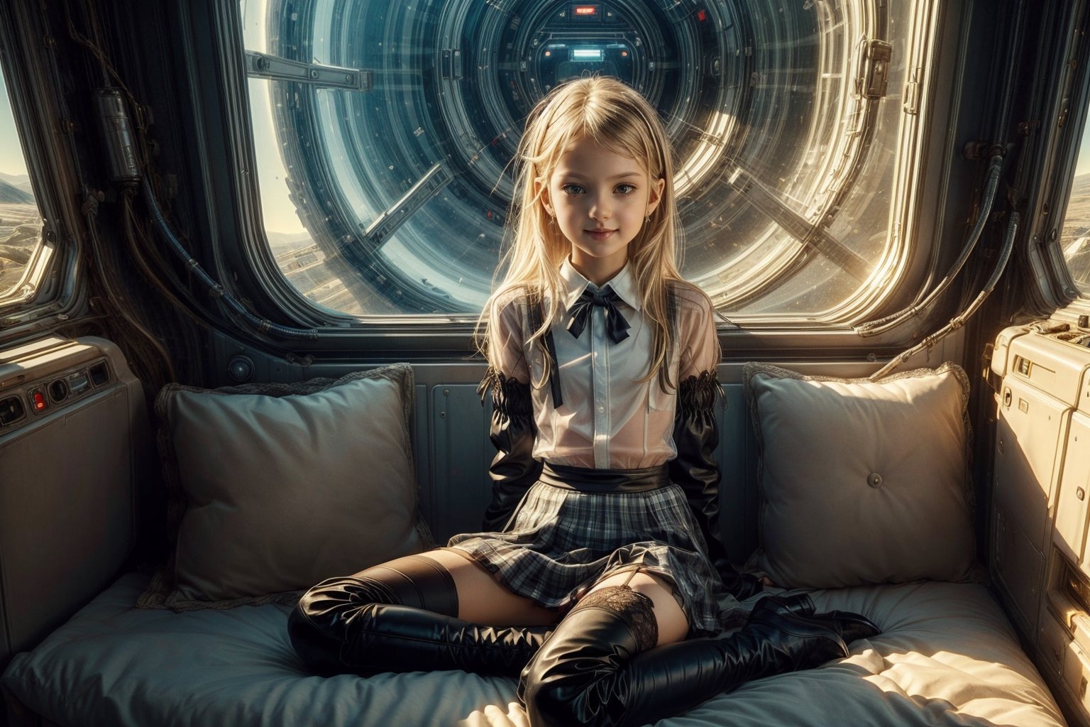 A beautiful young underage girl,  short messy blonde hair,  wearing sexy see through schoolgirl uniform and thigh high boots,  sitting on the windowsill with natural stance at the Futuristic room,  science fiction,  inside a spaceship,  alien lanscape outside,  sunny,  photorealistic,  masterpiece,  cinematic,  best quality,  high resolution,  AIDA_LoRA_valenss,  fullbody,  child,  smiling,  nsfw,  bedroom,  plaid,  upskirt,  lace panties, dominatrix