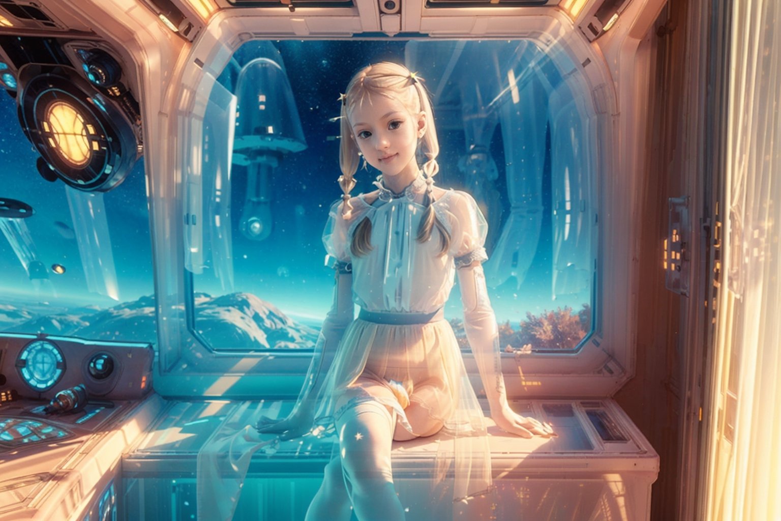 A beautiful young underage girl,  short messy ((blonde)) hair, poses as a ((translucent hologram)) wearing sexy schoolgirl uniform,  sitting on the windowsill with natural stance at the Futuristic room,  science fiction,  inside a spaceship,  view of alien lanscape outside,  sunny,  photorealistic,  masterpiece,  cinematic,  best quality,  high resolution,  AIDA_LoRA_valenss,  fullbody,  child,  smiling,  nsfw,  bedroom,  upskirt,  lace panties, nudity, pigtails, translucent body,HologramCzar,hologram