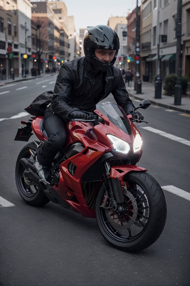 A female riding a red motorcycle, (2023 Kawasaki Ninja ZX-4RR), ((black helmet)), ((dark red jacket)), ((black pants)), (black boots)), ((black gloves)), street side background, highway, street racing, cinematic, High detail, high quality, 8k, Kinfolk Magazine. Film Grain. Kodak gold 400, ,photorealistic,sprbk,modelshoot style,Masterpiece