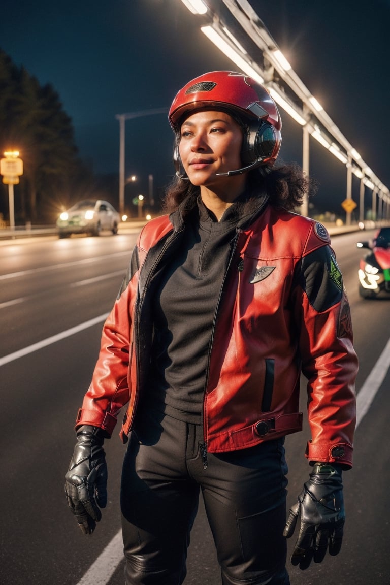 A female model driving a red motorcycle, (2023 Kawasaki Ninja ZX-4RR), ((black helmet)), ((dark red jacket)), ((black pants)), (black boots)), ((black gloves)), street side background, highway, street racing, cinematic, High detail, high quality, 8k, Kinfolk Magazine. Film Grain. Kodak gold 400, ,photorealistic