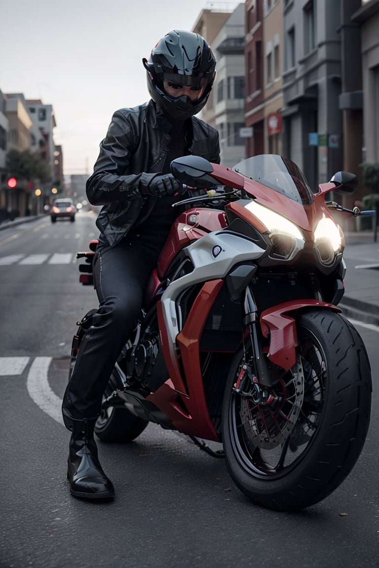 A female riding a red motorcycle, (2023 Kawasaki Ninja ZX-4RR), ((black helmet)), ((dark red jacket)), ((black pants)), (black boots)), ((black gloves)), street side background, highway, street racing, cinematic, High detail, high quality, 8k, Kinfolk Magazine. Film Grain. Kodak gold 400, ,photorealistic,sprbk,female,modelshoot style,Masterpiece