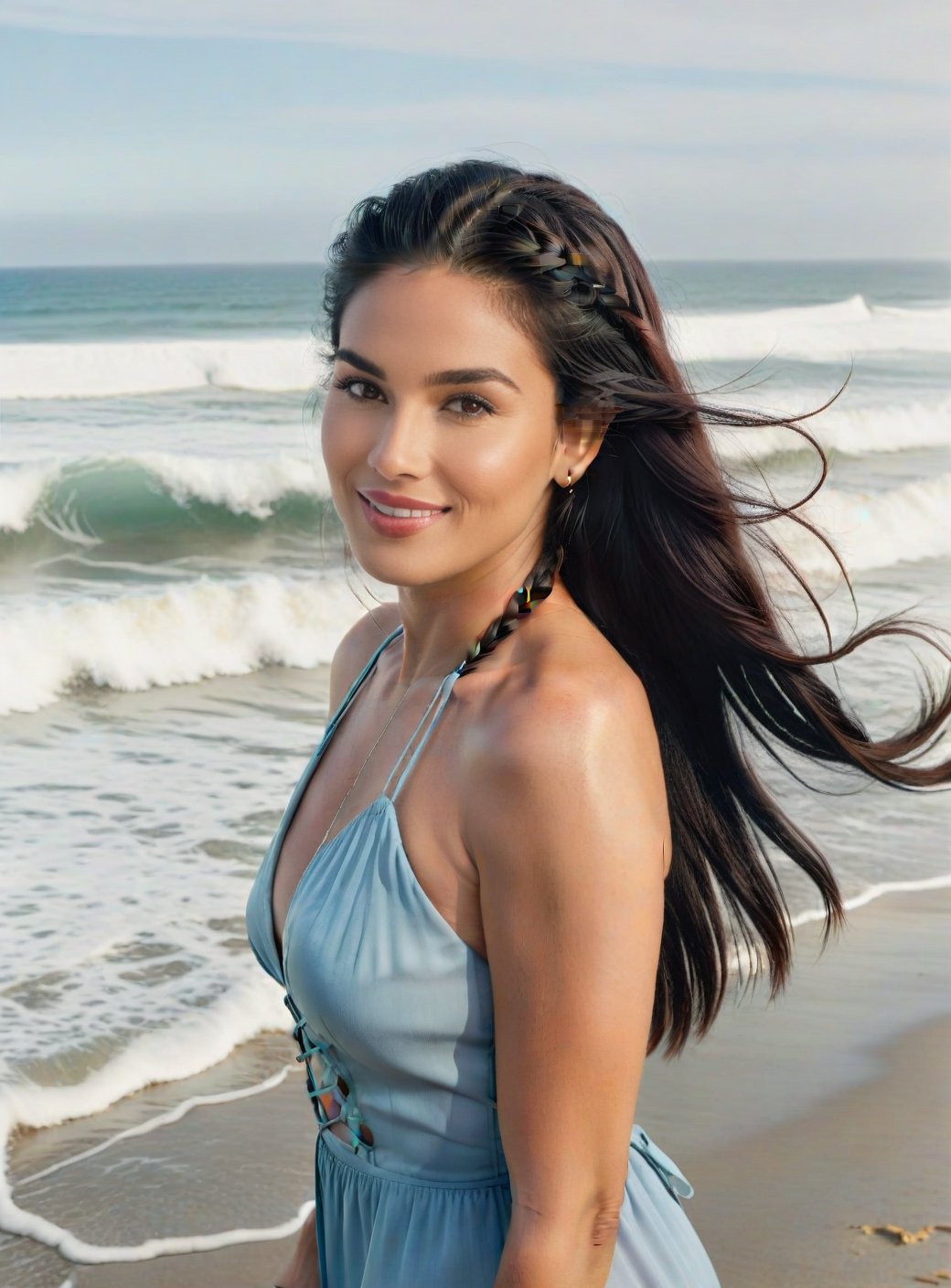 A mesmerizing female 40 year old model with thick long black hair and auburn highlights braided, her features is a mix of Chinese and Filipina, ((Kylie Jenner:0.4),  (Rosy Zhao:0.6)), prominent dimples on her cheeks, full intense pouty lips, light grey blue intense eyes, button nose, a small mole on her left cheek, smiling playfully towards the camera, in a pink summer dress, ((full body profile)), ethereal dreamy foggy, photoshoot by Annie Leibovitz, editorial Fashion Magazine photoshoot, fashion poses, surrounded two friends by the beach. High detail, high quality, 8k, Kinfolk Magazine. Film Grain. a soft smile. Kodak gold 400,Extremely Realistic,realhands, ((copy Cindy Crawford model poses)),Masterpiece, 