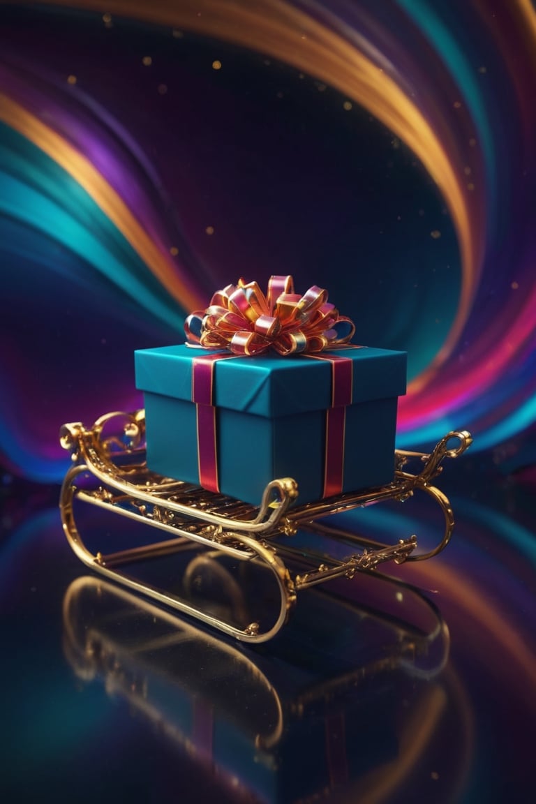  An award winning CG, abstract style, 4k, key visual, masterpiece, rich and deep colors, studio photography, ultra sharp, vibrant, colorful presents in a sleigh, at the bottom of the view, curvy, elegant, flowy, graceful, stunning caustics, beautiful refections, amazing highlights, simple gradient background