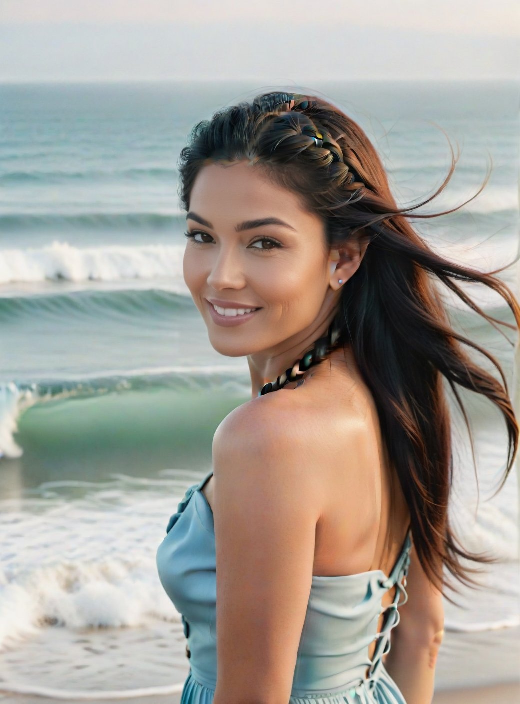 A mesmerizing female 40 year old model with thick long black hair and auburn highlights braided, her features is a mix of Chinese and Filipina, ((Kylie Jenner:0.6),  (Rosy Zhao:0.4)), prominent dimples on her cheeks, full intense pouty lips, light grey blue intense eyes, button nose, a small mole on her left cheek, smiling playfully towards the camera, in a pink summer dress, ((full body profile)), ethereal dreamy foggy, photoshoot by Annie Leibovitz, editorial Fashion Magazine photoshoot, fashion poses, surrounded two friends by the beach. High detail, high quality, 8k, Kinfolk Magazine. Film Grain. a soft smile. Kodak gold 400,Extremely Realistic,realhands, ((copy Cindy Crawford model poses)),Masterpiece, 