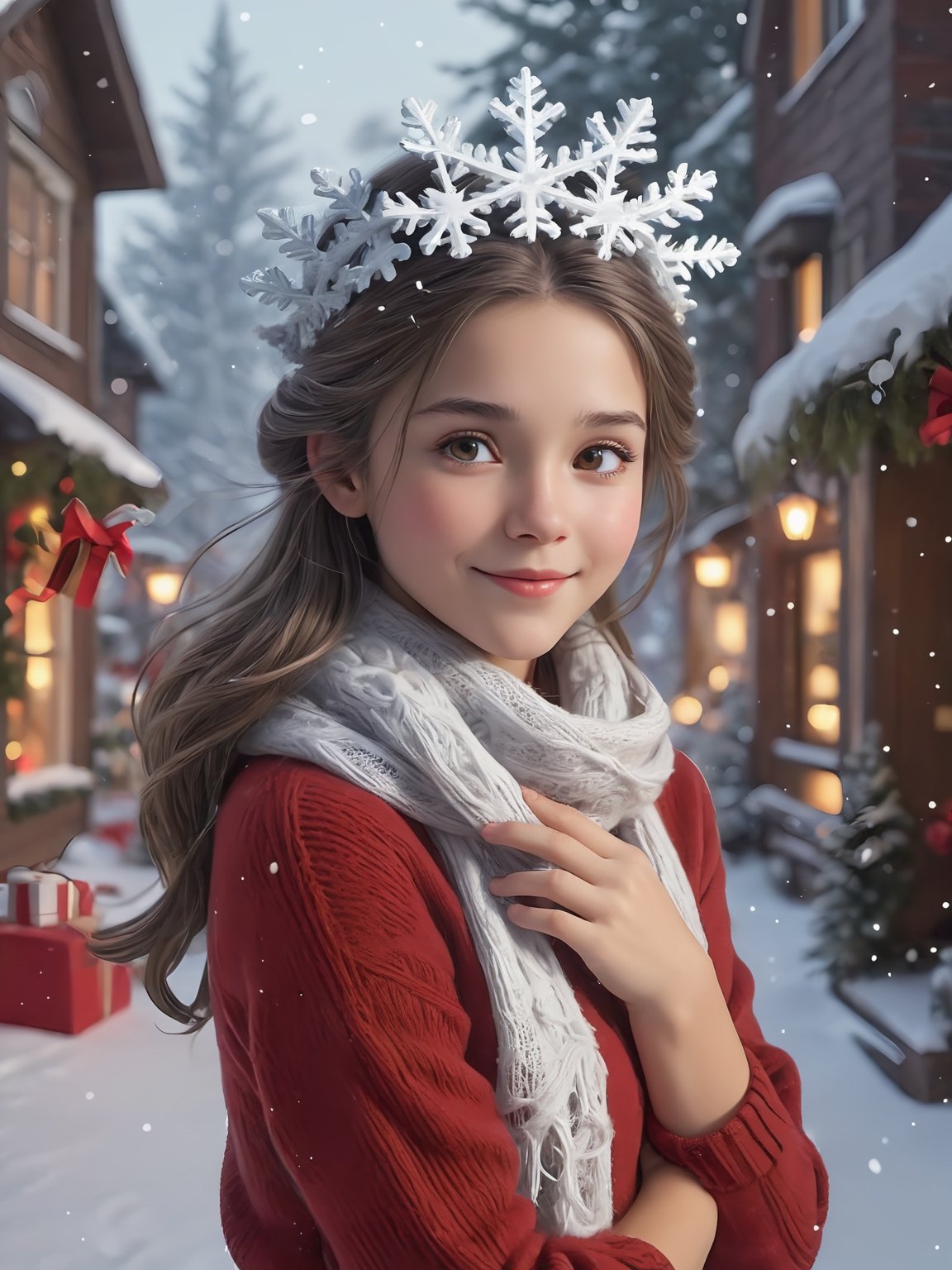 In this Christmas scene, a petite girl twirls around piles of presents, She wears a red Christmas hat, and her long hair dances in the chilly breeze. Wrapped in a deep red wool sweater, her scarf is adorned with delicate snowflake patterns.

The cold air tinges her cheeks with a slight rosy hue, while her eyes sparkle with warm anticipation. The slightly upturned face reveals a hope for the Christmas miracle. Snowflakes create a silver crown on her hair, as if crafting an ice and snow tiara for her.

Though her hands are not visible from behind, her posture exudes tranquility and expectation. Surrounding her is a silver-clad snowy scene, with a Christmas tree adorned with dazzling lights and gifts. The entire scene emanates warmth and joy, as if the magic of Christmas is about to unfold around her.