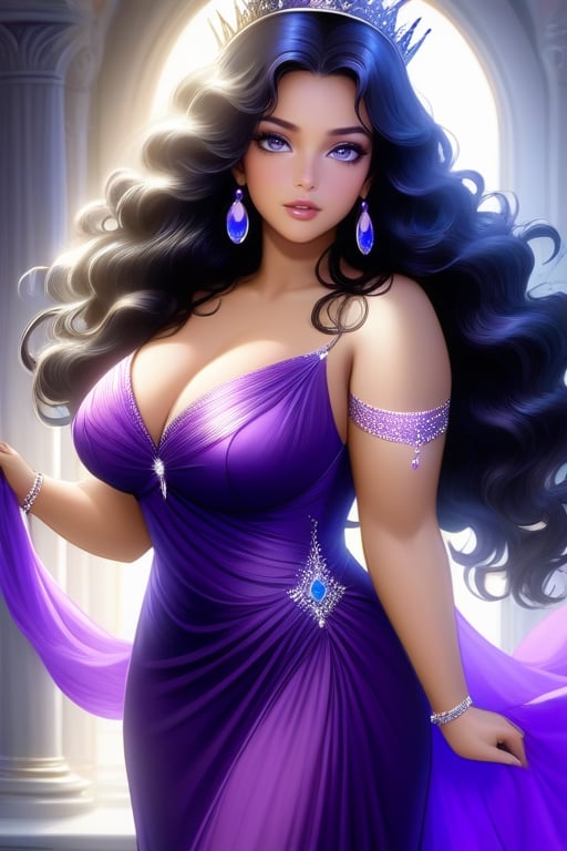 Full figured woman. older woman. long black wavy hair. purple eyes. violet eyes. colored eyes.  beautiful dress. gown. jewelry. jewels. regal. goddess. beautiful. glowing. pretty hands. pretty face. preistess. queen. Siren