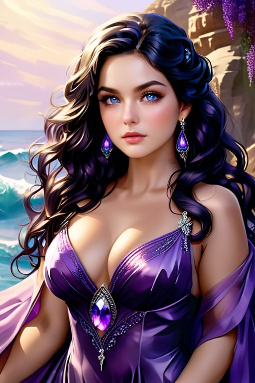 Full figured woman. older woman. long black wavy hair. purple eyes. violet eyes. colored eyes.  beautiful dress. gown. jewelry. jewels. regal. goddess. beautiful. glowing. pretty hands. pretty face. preistess.  Siren. seductive. 