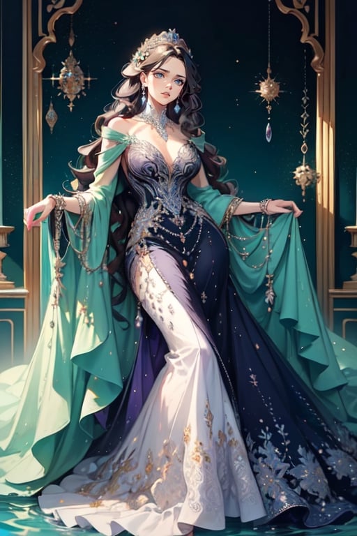 Full figured woman. long black wavy hair. purple eyes. violet eyes. beautiful dress. bown. jewelry. jewels. dress decorated in ocean themes and jewels. regal. goddess. beautiful. glowing. 