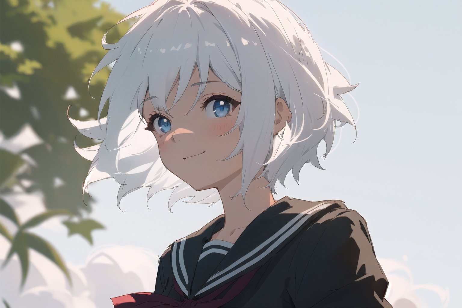 guiltys, happy face, a girl, upper body, deal with it, (bokeh:1.1), depth of field, short hair, a girl in the distance, women, adolescent, solo, looking at viewer, white hair, white hair, 1girl, portrait,  light_blue_eyes ,cool look, highschool uniform, romantic, dynamic angle, high school background, distance angle, camera from afar.
,UbelFrieren,ehre_sousounofrieren, , white hair, white hair, mid body