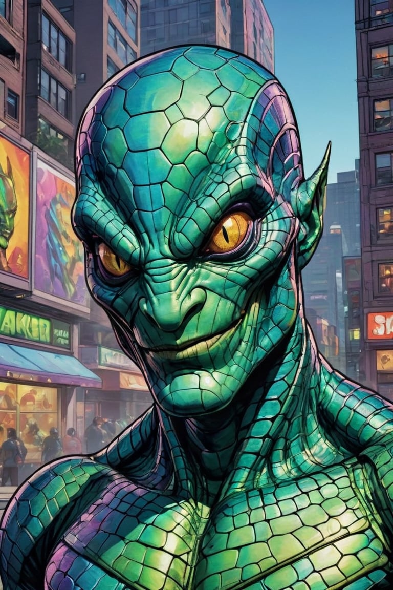 Comic book of 
An holographic, irridescent comic book reptilian villain, smirking 
captured from a slightly elevated angle, Canon EOS R5, ƒ 2.8, 24-70mm lens, detailed and vibrant, emphasizing the contrast between the alien's features and the urban environment.,comic book