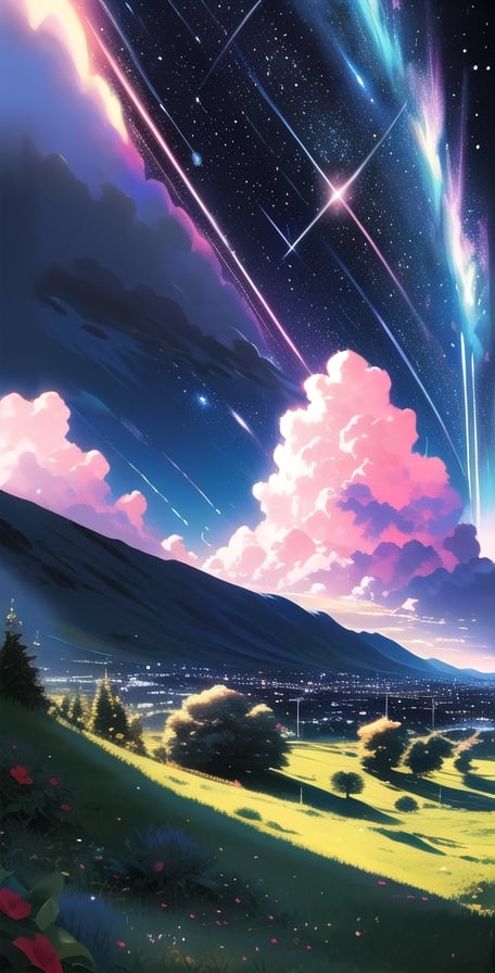 a background with dars space and cute stars, ribons pink, blue, cute stars, HDR, far awar, illustration, pastelbg, pastel colors, background image, scenery