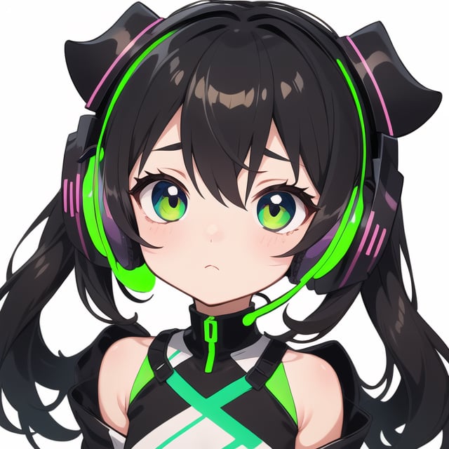 emoji, emote anime girl, chibi, black hair, green eye, big eyes, using headset, neon, sad, white background