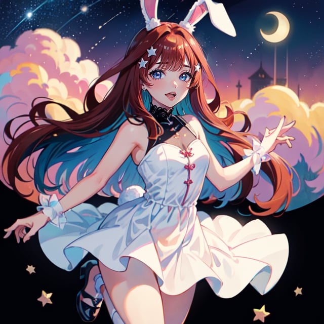 (masterpiece, best quality, highly detailed, ultra-detailed, intricate),  illustration, pastel colors, tarot card, (blackpink), ((blackpink face)), ((idiol)), bunny ears, ((anime blackpink)) jumping, leap of faith, big eyes, Lisa face, (happy cute face), stars, universe, ((sexy dress)), ((black hair)), ((body)), no flowers, stars, moon, sky, corean