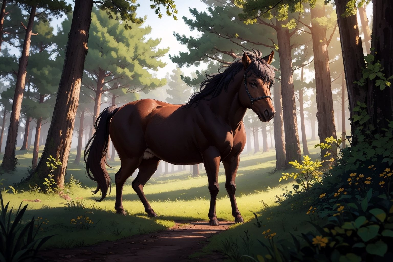 (best quality, ultra detailed, masterpiece), one standing wild horse, detailed background, forest background, early morning, lolstyle, side view,lolstyle