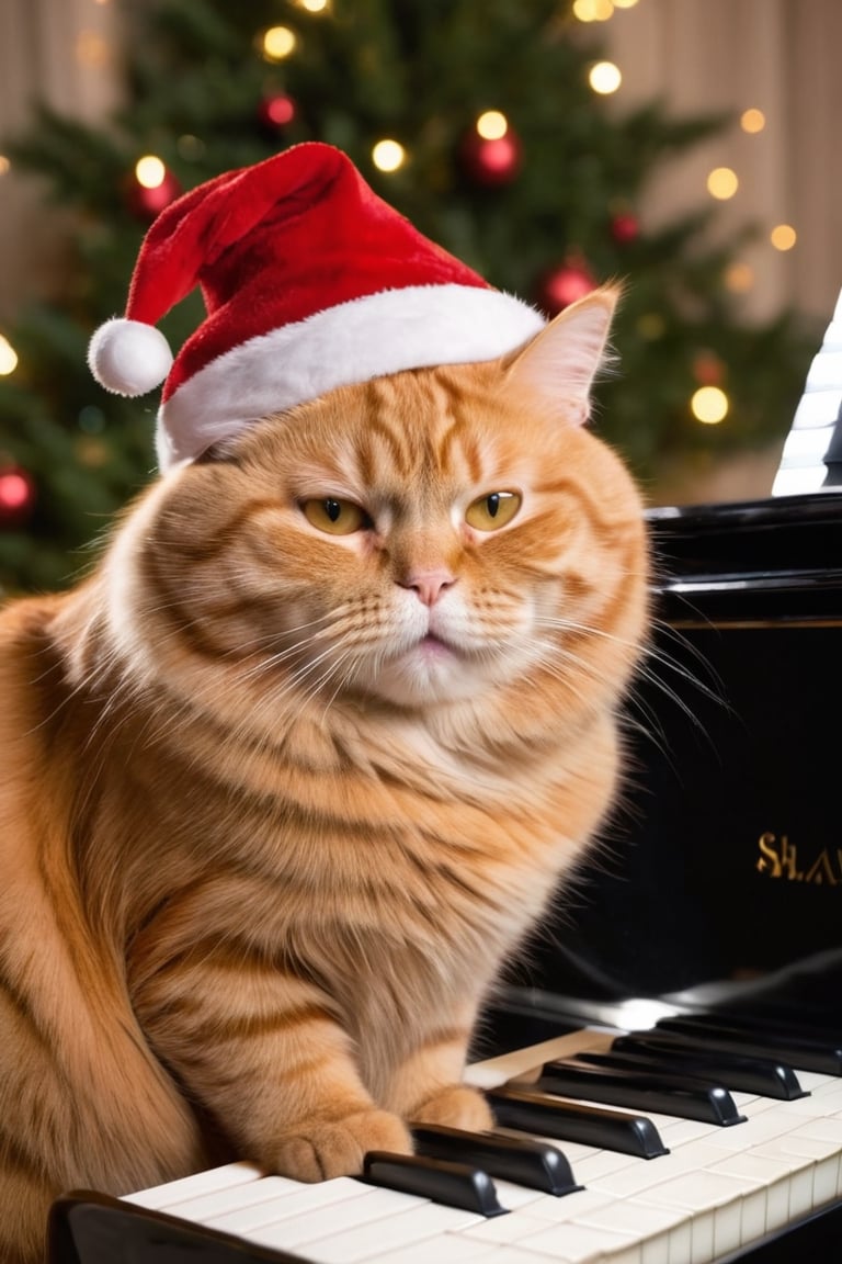 highest quality,a fat orange cat wearing red Christmas hat playing piano, shallow depth of field, cinematic