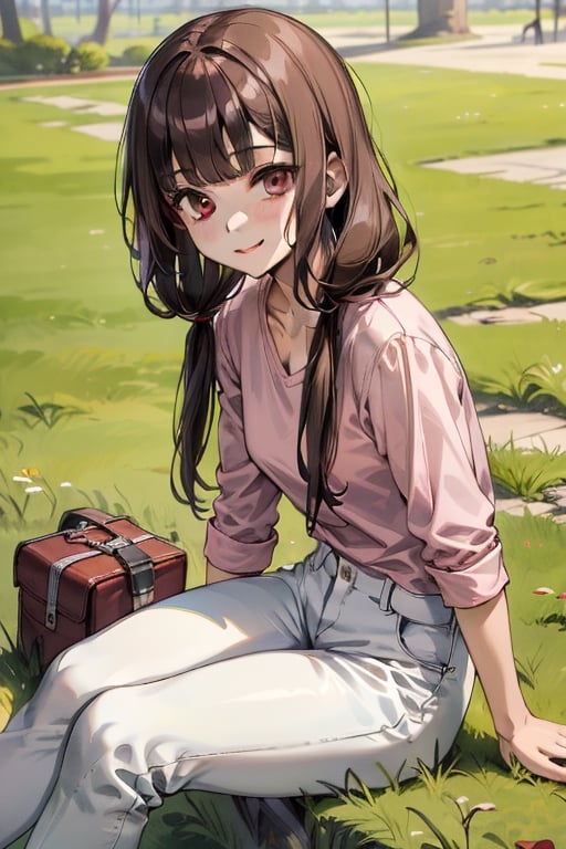 masterpiece,absurdres,aamiko, long hair, low twintails, blunt bangs,pink shirt,white pants,sitting on the grass,smile