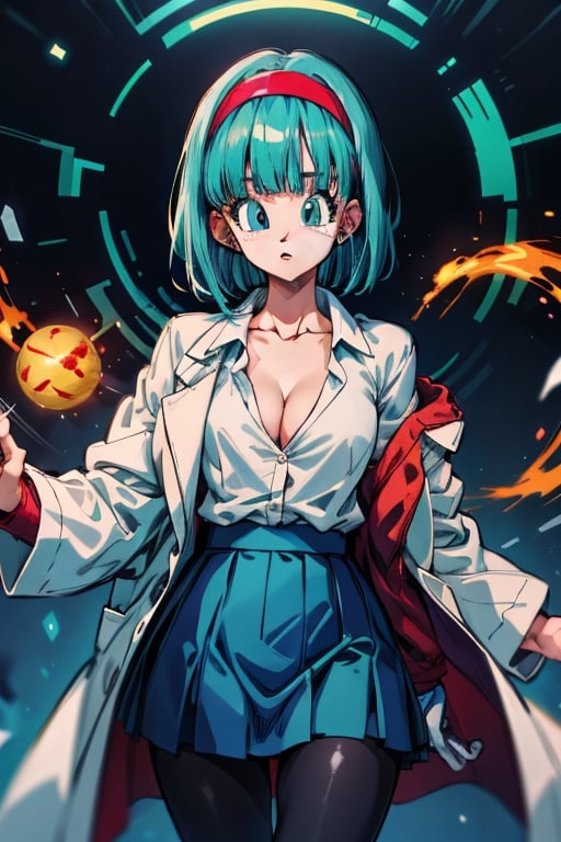 masterpiece,absurdres,dragon ball, blmmid, aqua hair, medium hair, blunt bangs, red hairband,white_collared_shirt,lab_coat,darkblue_skirt,pantyhose,cleavage