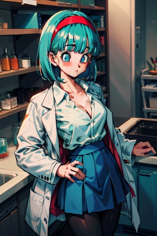 masterpiece,absurdres,dragon ball, blmmid, aqua hair, medium hair, blunt bangs, red hairband,white_collared_shirt,lab_coat,darkblue_skirt,pantyhose,cleavage