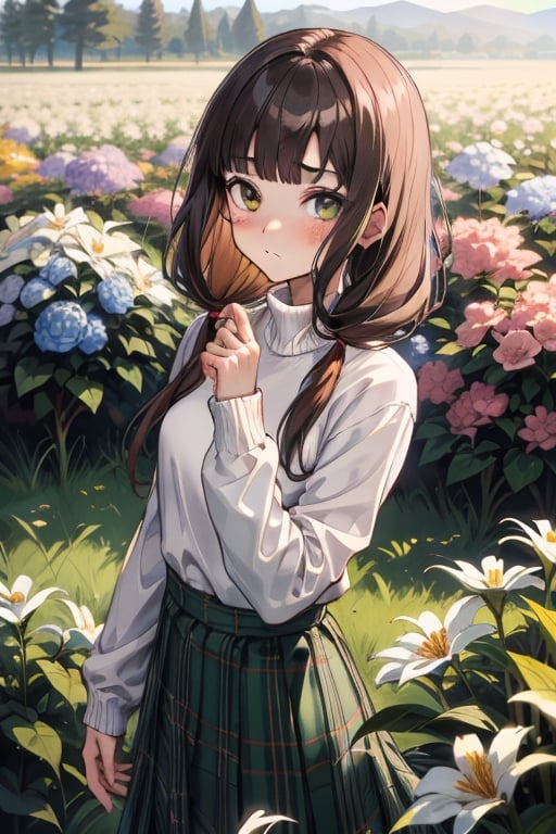 masterpiece,absurdres,aamiko, long hair, low twintails, blunt bangs,white sweater,turtleneck,green tartan_skirt,long skirt,flower field