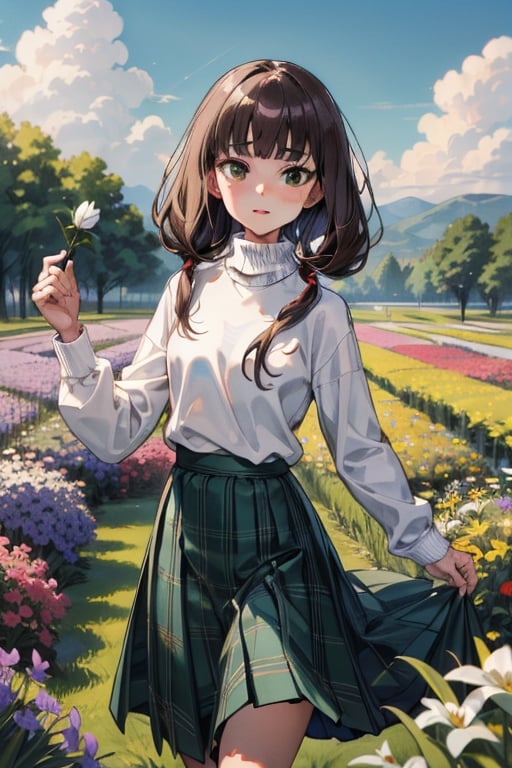 masterpiece,absurdres,aamiko, long hair, low twintails, blunt bangs,white sweater,turtleneck,green tartan_skirt,long skirt,flower field,twirling