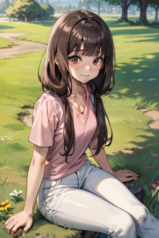 masterpiece,absurdres,aamiko, long hair, low twintails, blunt bangs,pink shirt,white pants,sitting on the grass,smile