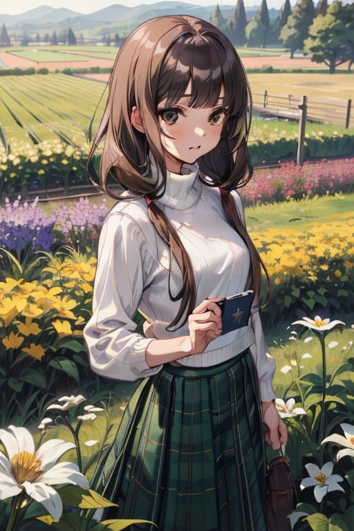 masterpiece,absurdres,aamiko, long hair, low twintails, blunt bangs,white sweater,turtleneck,green tartan_skirt,long skirt,flower field