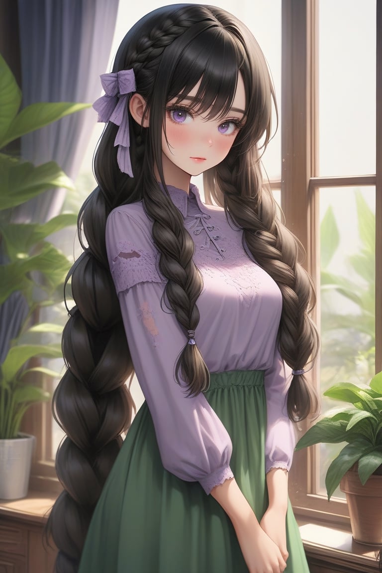 1girl, solo, long hair, breasts, looking at viewer, blush, bangs, blue eyes, black hair, hair ornament, long sleeves, dress, holding, closed mouth, standing, purple eyes, braid, sidelocks, cowboy shot, day, indoors, blunt bangs, twin braids, window, plant, hair over shoulder, green dress