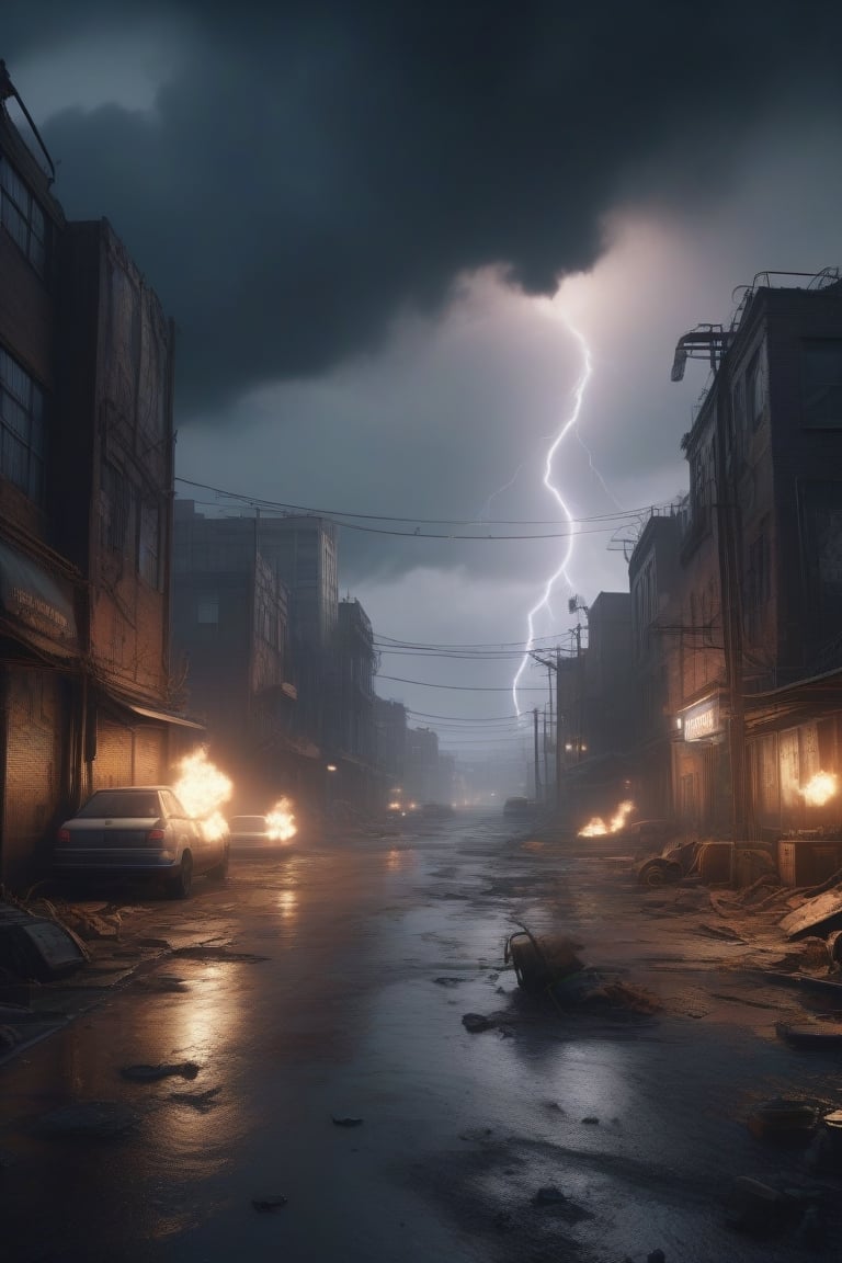 ((best quality)), (masterpiece), photorealism, realistic, real life, uhd, 8k, to8contrast style, grim scenery, dark scenery, unreal engine game set in future, rtx, ray tracing, atmospheric fog, moonlight, run down city, dirty streets, trash, smoke, run down buildings, rusty robot sitting outside (postapocalyptic city:1.3), dark clouds, lightning, burning containers,