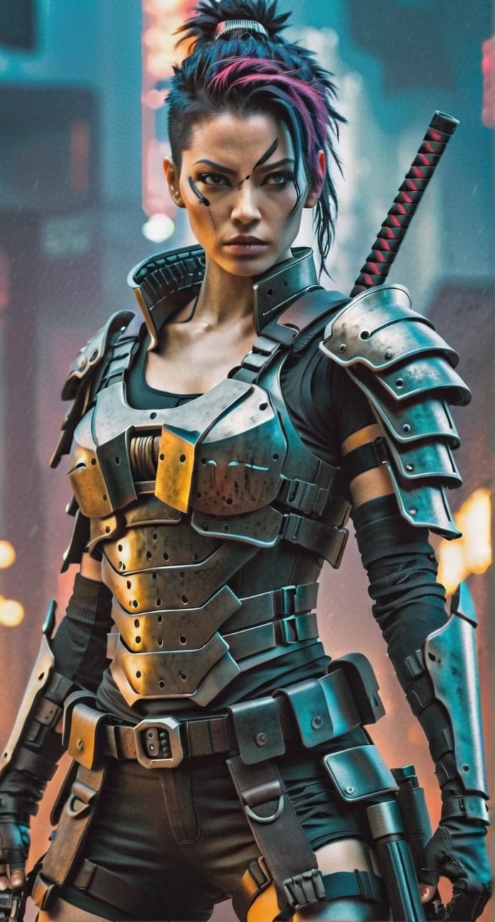 

Cyberpunk female warrior, wearing samurai steel armor, two katana on her back, holding a gun, post-apocalyptic background, Zack Snyder's visual style.