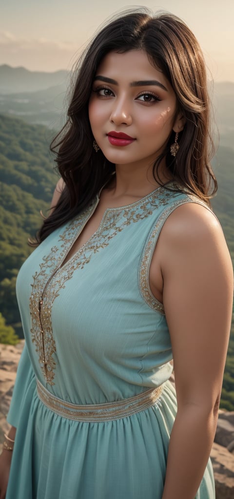 (masterpiece, best quality, ultra-detailed, 8K),high detail, realisitc detailed, a beautiful young mature pakistani women slight fat body with long flowy black hair over shoulders in the dark, weraing a full tight shalwar kameez standing on hte hill top taking a selfie, blue eyes, pale soft skin, kind smile, glossy lips, a serene and contemplative mood, setting on the top of the mountain, ,red lips,hd makeup,