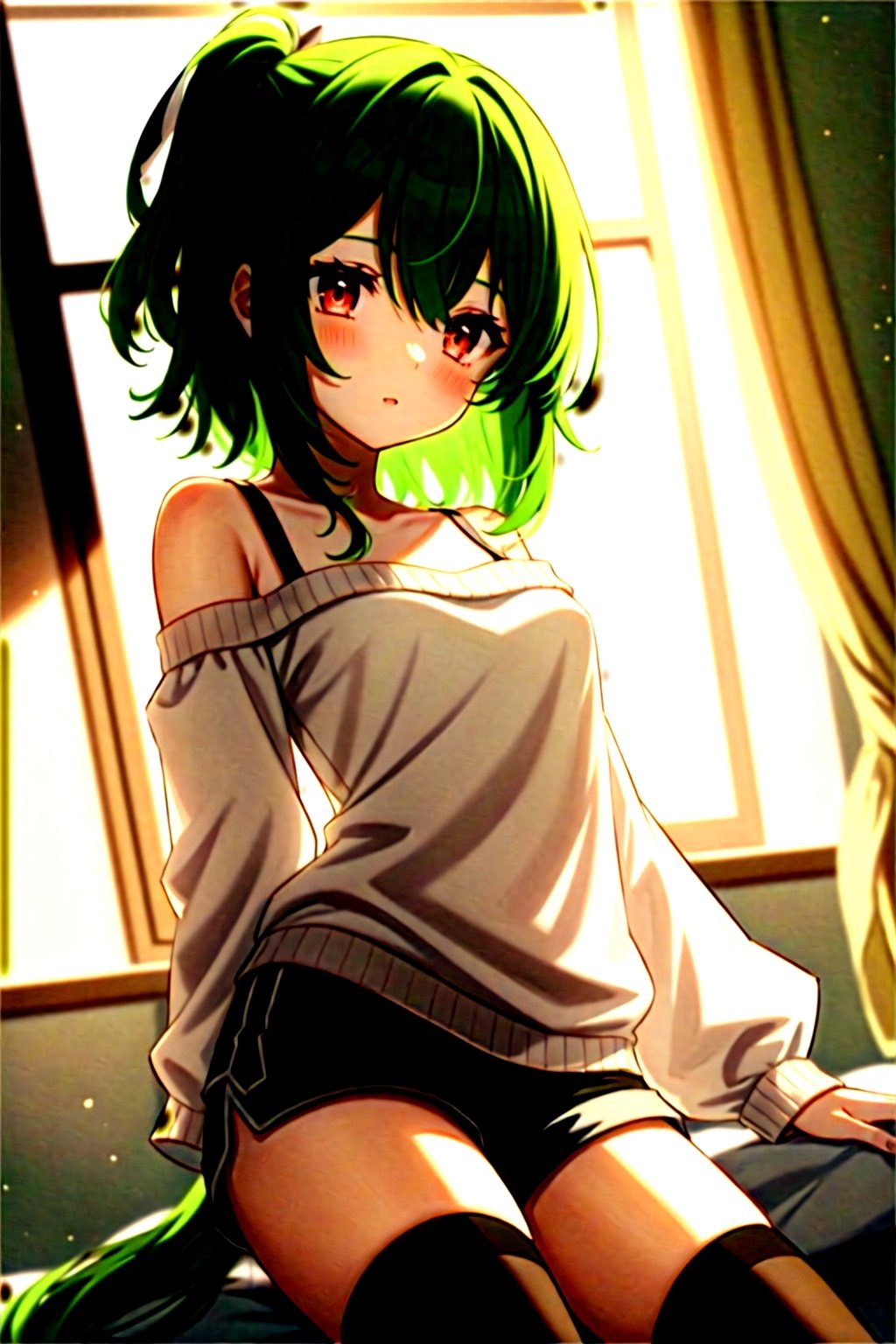 masterpiece, best quality, extremely detailed, anime, girl, green hair, medium hair, pony tail, red eyes, stockings, shorts, small breasts, off-shoulder sweaters,