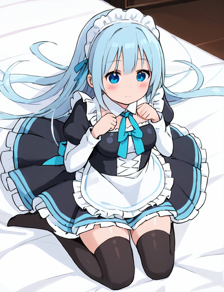 A cute girl with long light blue hair, perfect chest and perfect butt with big thighs in tight black stockings, dressed in a cute maid dress while showing off her legs showing off her black underwear in a mansion 