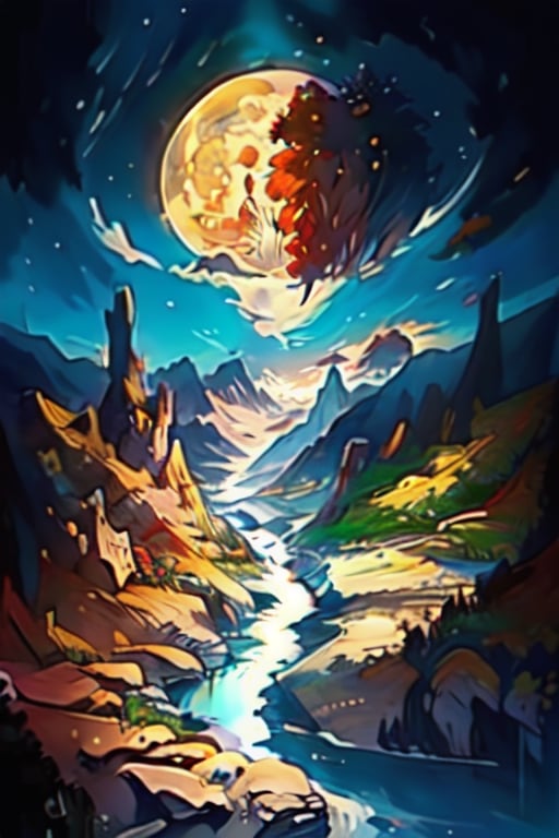 Night sky, moon, mountains, water_fall,river ,rayearth,EpicArt