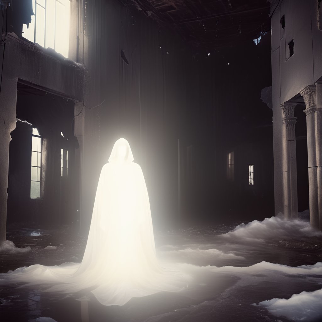 high quality, lghtshft_lora, glowing, 1 male wearing cloak, floating, inside abandoned building, vintage, ruins, dark, dim