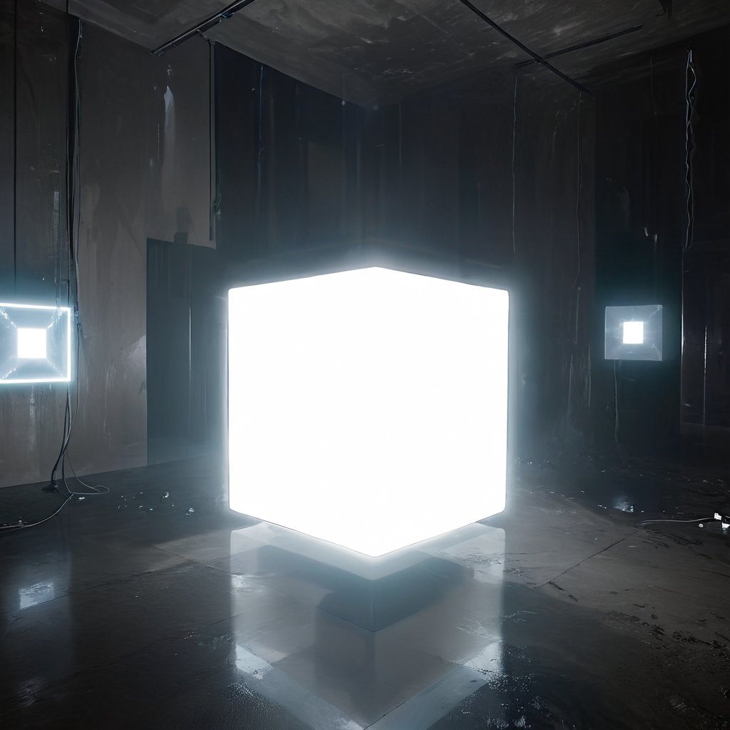 high quality, lghtshft_lora, glowing, large huge cube, floating, inside dark room, underground, liminal.