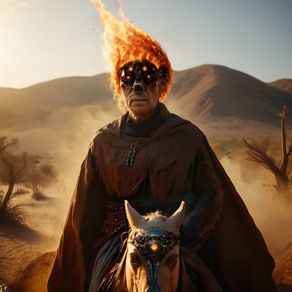 high quality, flaming head, xl_cpscavred, helmet, fiery hair, 1cowboy, poncho, riding horse, dirt, in the desert, vintage Wild West town,flaming hair,nodf_xl,more detail XL