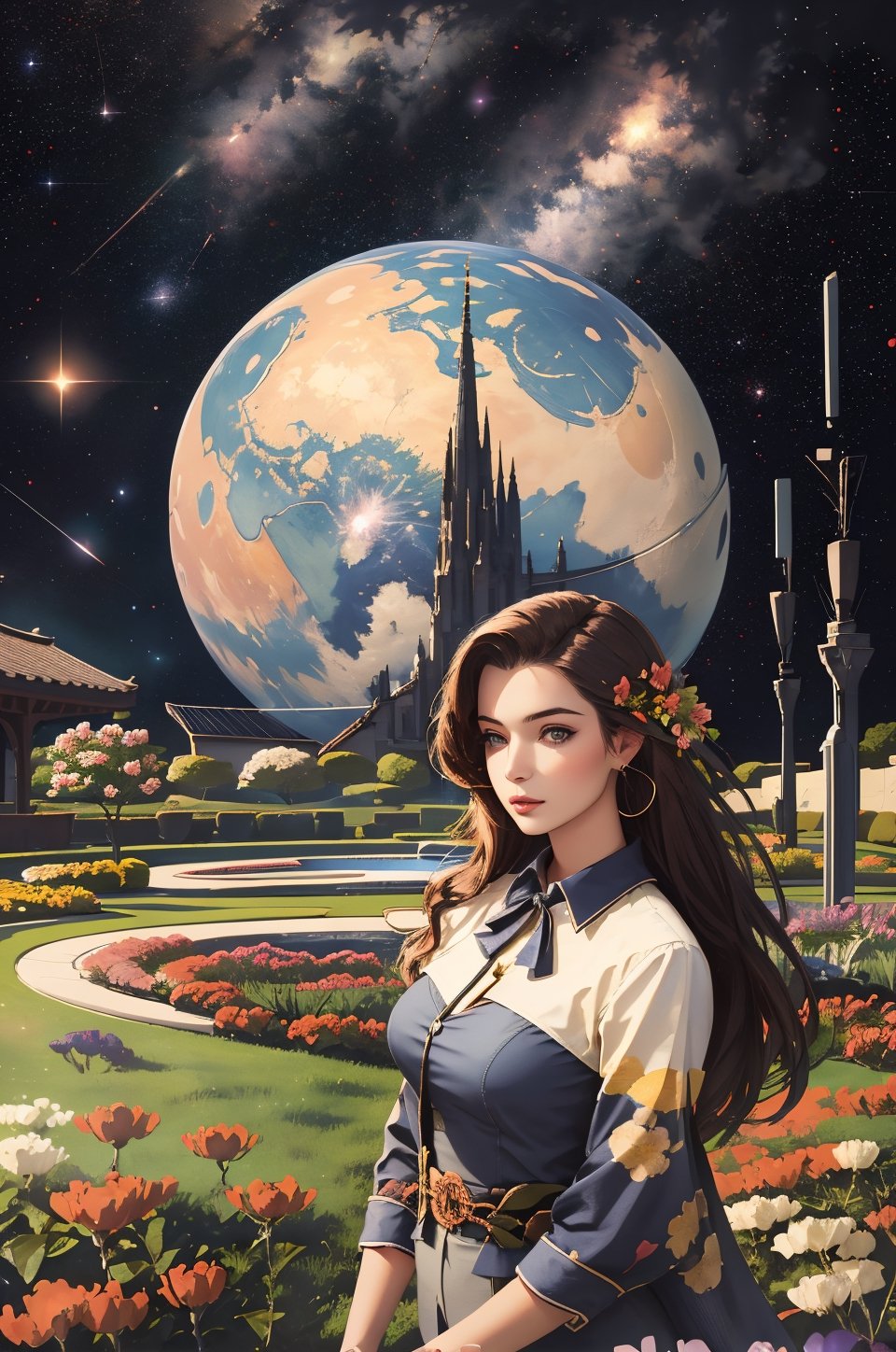 (high quality, masterpiece), eotw_lora, solo, 1girl, sexy, breast, (garden, flowers, grass), planet behind, space, starry sky