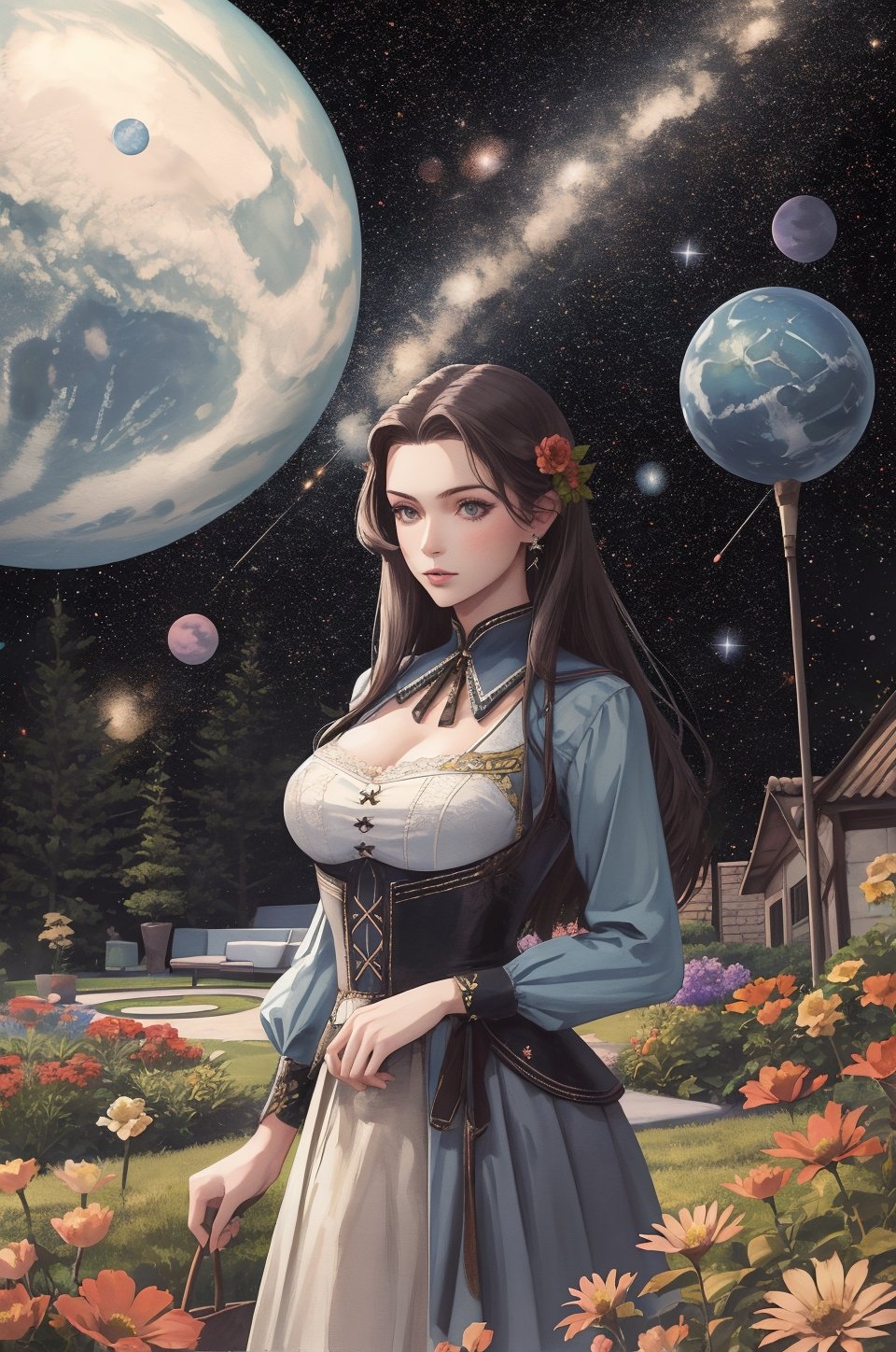 (high quality, artistic, masterpiece), eotw_lora, solo, 1girl, sexy, breast, (garden, flowers, grass), planet behind, space, starry sky,eotw_lora