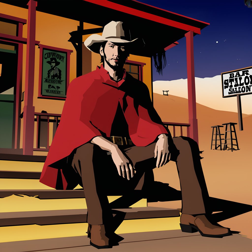 high quality, vidgame05_xl, Keanu Reeves, sitting on stairs, wear red poncho,
outside bar, Wild West era, cowboy hat, desert,Enhanced All,nodf_xl