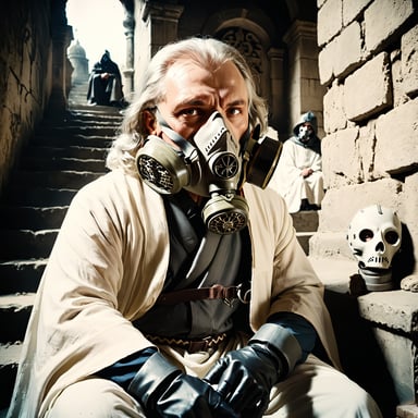 high quality, nodf_xl, cpfmask_xl-cmplx, gas mask, 1male, king, angry, white robe,
Ancient, Medieval, close up, portrait, sitting on stairs, underground, tomb,cpfmask_xl-smple