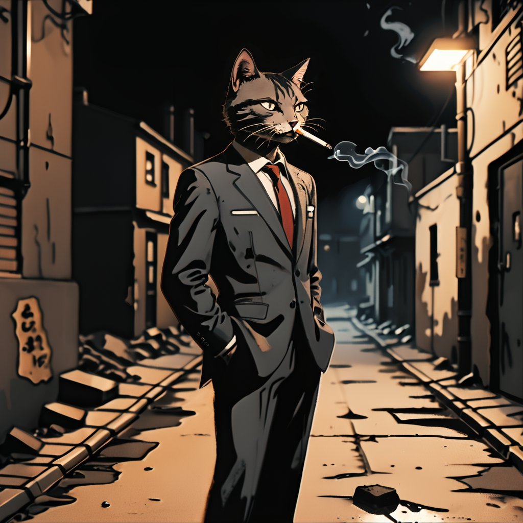 dcas_lora, close up, 1 anthropomorphic cat, serious, side profile, alone, wear suit, mouth hold, cigarette, smoking, on alleyway, dirty, mud, nighttime, dark, messy,holding cigarette,Expressiveh