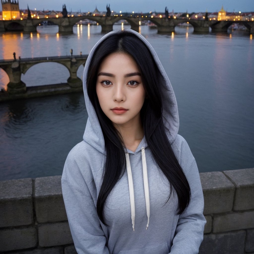 a perfect photo, waist up shot, from above, sharp focus, of a beautiful (Asian korean woman), wearing hoodie , at the Charles Bridge, fullmoon background
