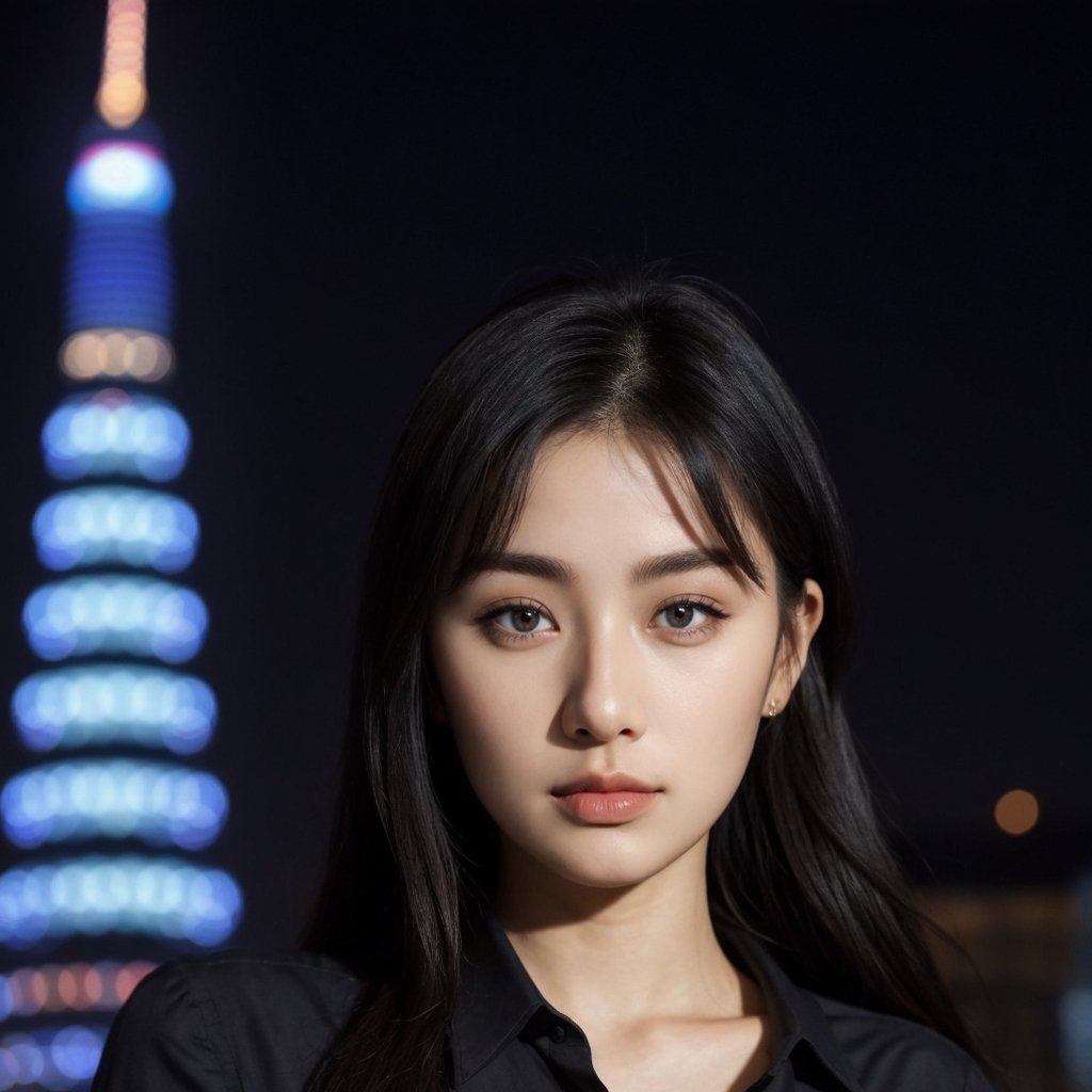 a perfect photo,sharp focus, of a beautiful (Asian korean woman),wearing black shirt , at the Lotte world tower, fullmoon background
