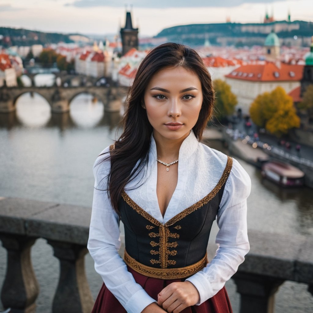 a perfect photo, waist up shot, from above, sharp focus, of a beautiful (Asian Czech:1.3) woman in foreground, in Prague, at the Charles Bridge, river in background
