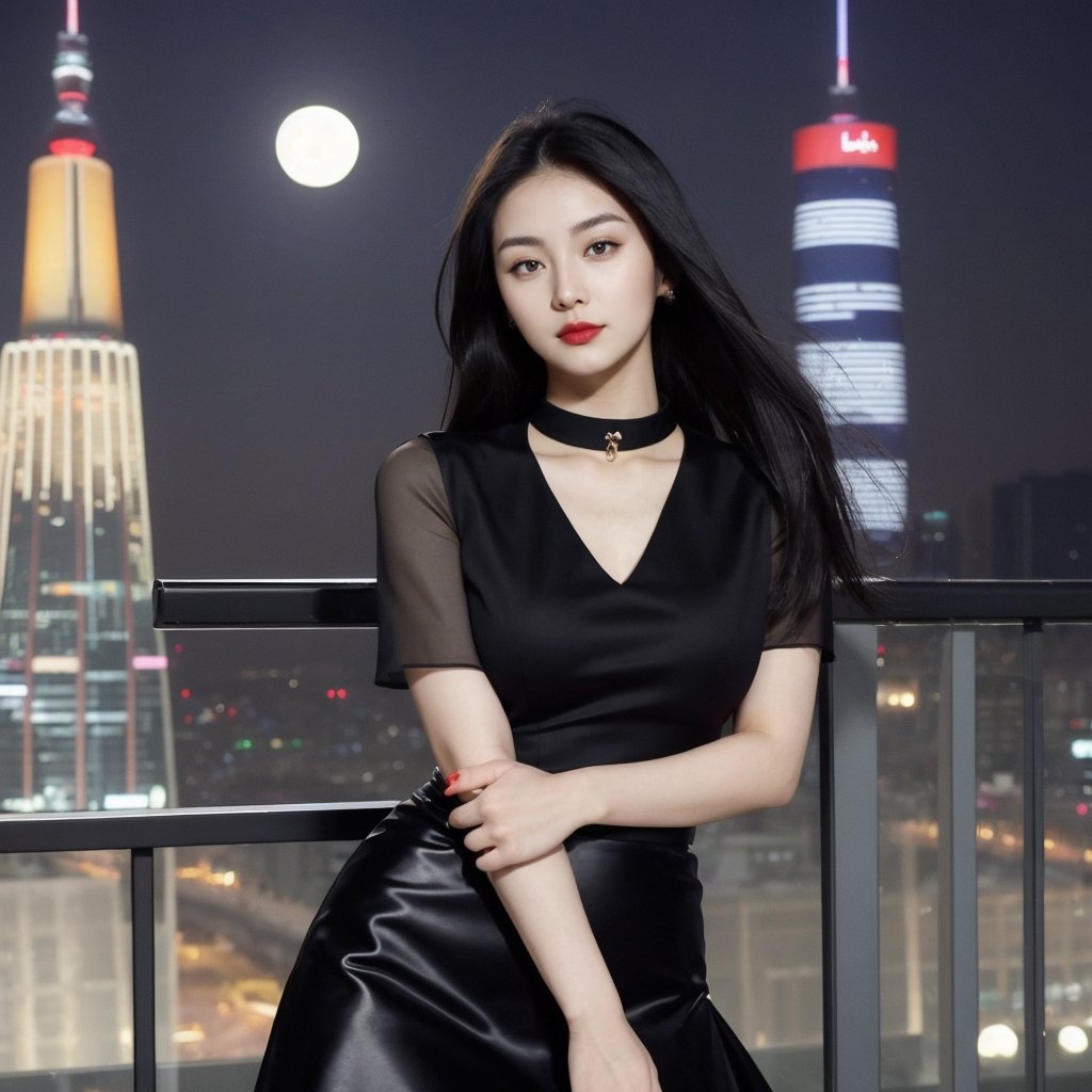 a perfect photo,sharp focus, of a beautiful (Asian korean woman),wearing black skirt , at the Lotte world tower, fullmoon background
,Lipstick,beautiful dress,1girl,Realism