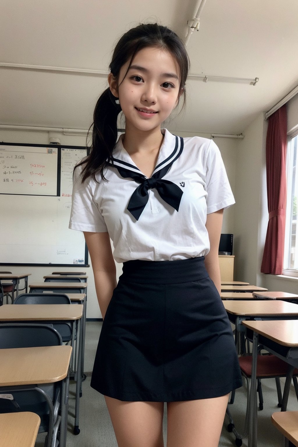 girl standing in school classroom,sailor shirt,micro mini skirt,18-year-old,bangs,a little smiles,thighs,crotch,knees,short cut hair,ponytail,from below,acjc