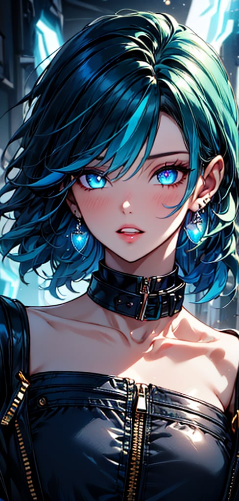 1girl, solo, looking at viewer, short hair, bangs, blue eyes, black hair, gloves, jewelry, green eyes, blue hair, jacket, upper body, multicolored hair, earrings, parted lips, choker, black gloves, collar, glowing, black choker, portrait, zipper, multicolored eyes,NJI BEAUTY,Eyes,Beautiful eyes