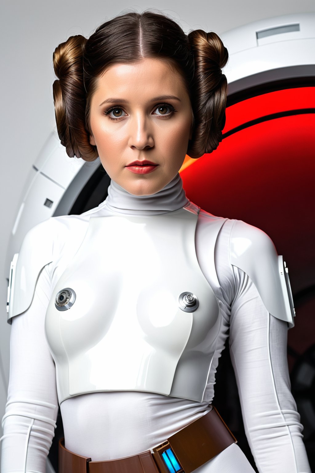 Hyperrealistic masterpiece in 4K resolution: sexy and young (Princess Leia's iconic figure:1.4) is framed with photographic precision against a (plain white background :1.4), (wearing sexy space-suit:1.2), utilizing the 2/3 rule to emphasize her majestic form. Soft, realistic lighting illuminates every curve and contour, as if plucked from reality itself. Her hair, creases, and shadows are meticulously rendered in photorealistic detail, capturing the essence of a beloved sci-fi legend in an ultrarealistic portrait.,Add more details