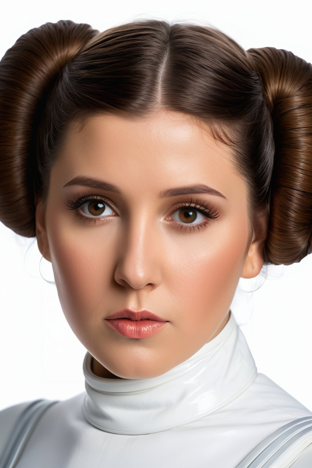 Hyperrealistic masterpiece in 4K resolution: sexy and young (Princess Leia's iconic figure:1.4) is framed with photographic precision against a (plain white background :1.4), (wearing sexy space-suit:1.2), utilizing the 2/3 rule to emphasize her majestic form. Soft, realistic lighting illuminates every curve and contour, as if plucked from reality itself. Her hair, creases, and shadows are meticulously rendered in photorealistic detail, capturing the essence of a beloved sci-fi legend in an ultrarealistic portrait.